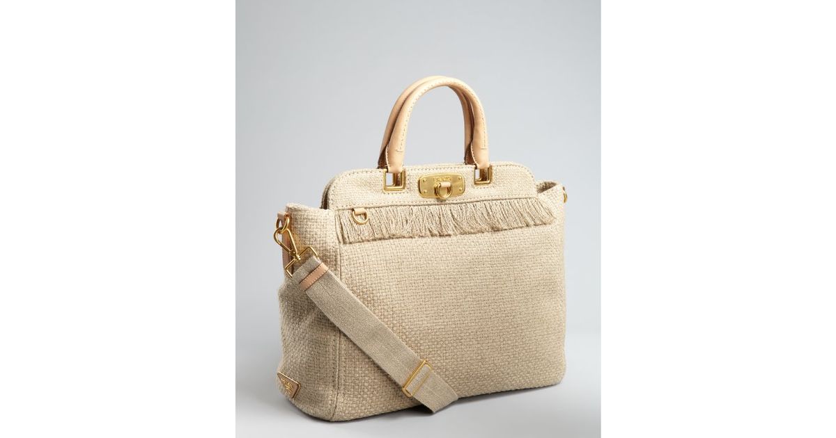 small prada handbags - Prada Woven Canvas Structured Top Tote Bag in Beige | Lyst