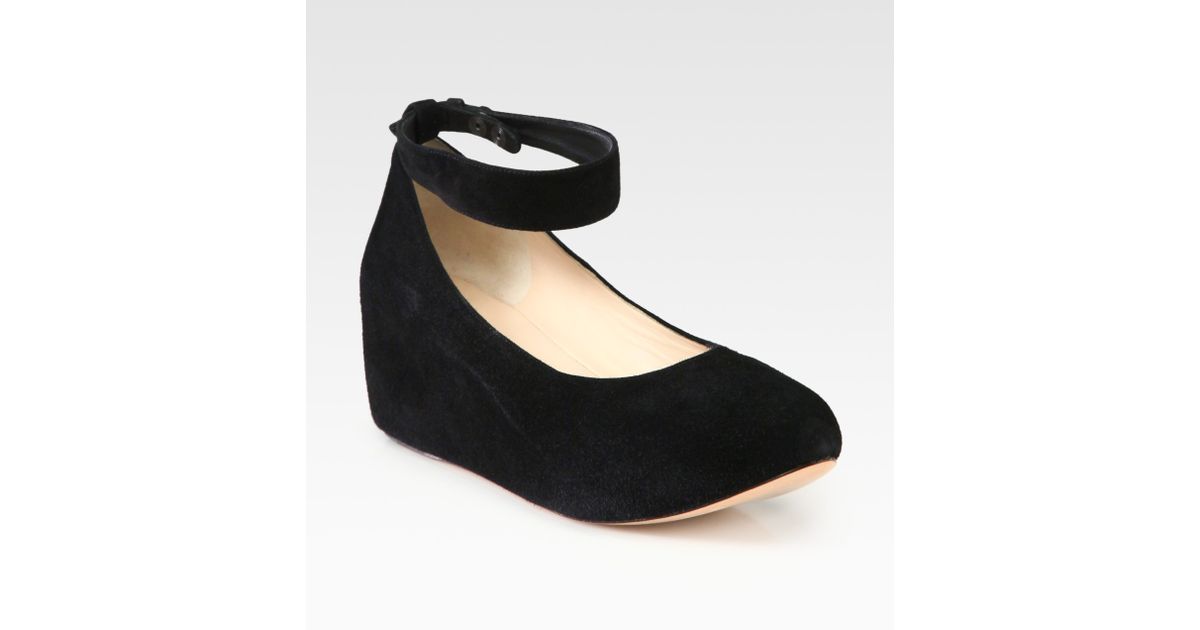 Suede Ankle Strap Wedge Pumps in Black 