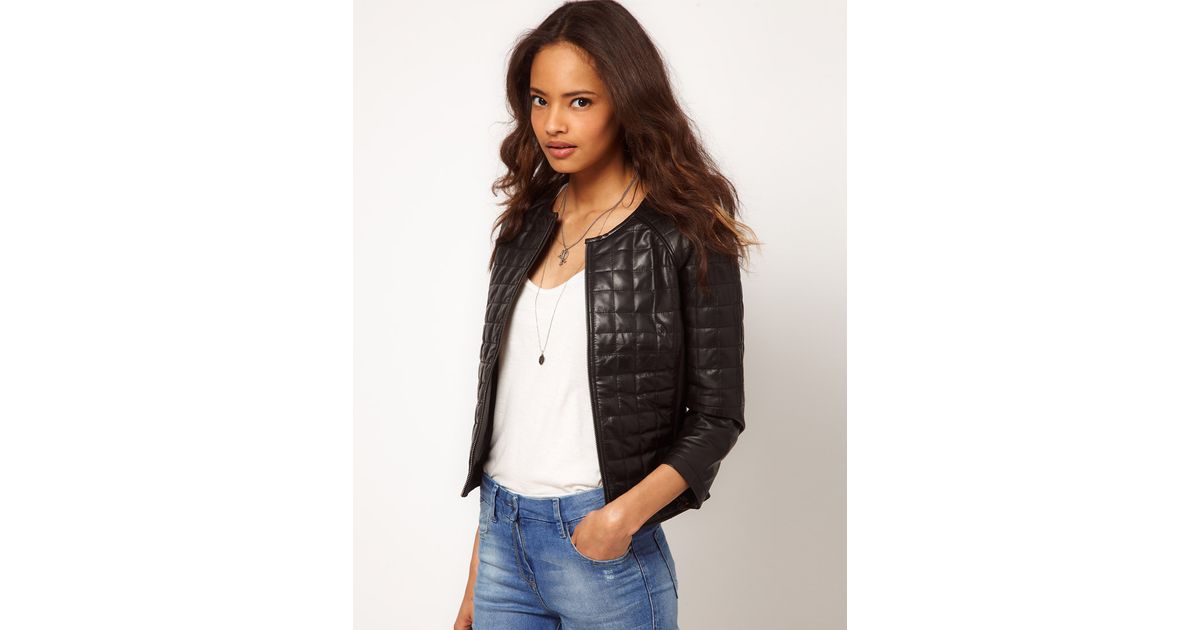 Asos Collection Black Square Quilted Leather Collarless Er Jacket