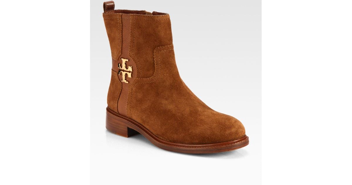 Tory Burch Alaina Suede and Leather Logodetail Ankle Boots in Brown | Lyst