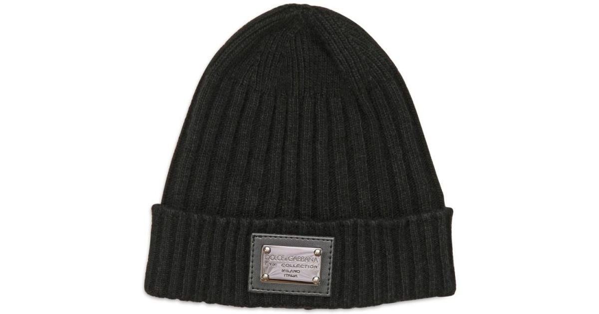 Dolce & Gabbana Logo Plaque Ribbed Knit Wool Beanie in Black for 