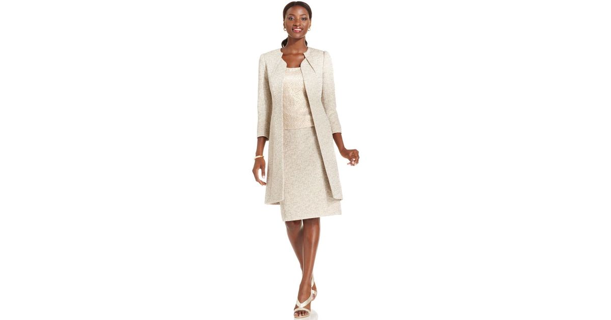 Tahari By Asl Suit Metallic Tweed Long Jacket Lace Shell Skirt in Beige