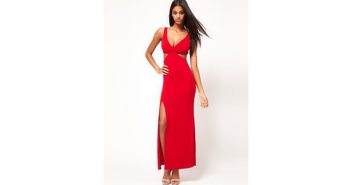 ASOS Maxi Dress with Cut Out Sides and Sexy Split in Red | Lyst