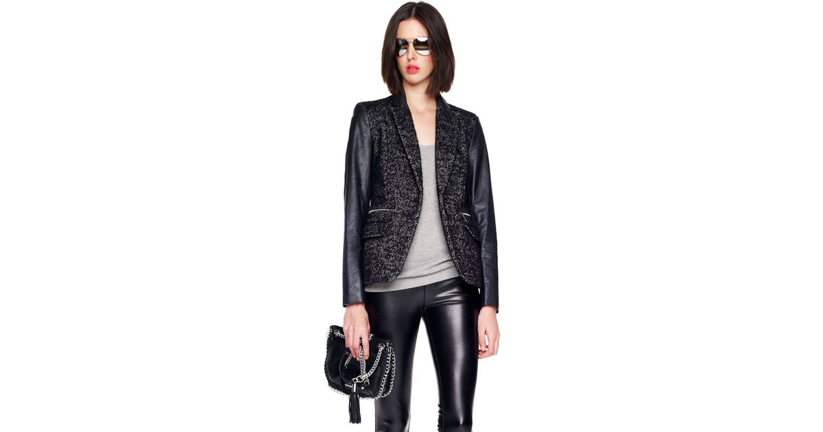 Michael Kors Black Faux Leather Sleeve Tweed Blazer