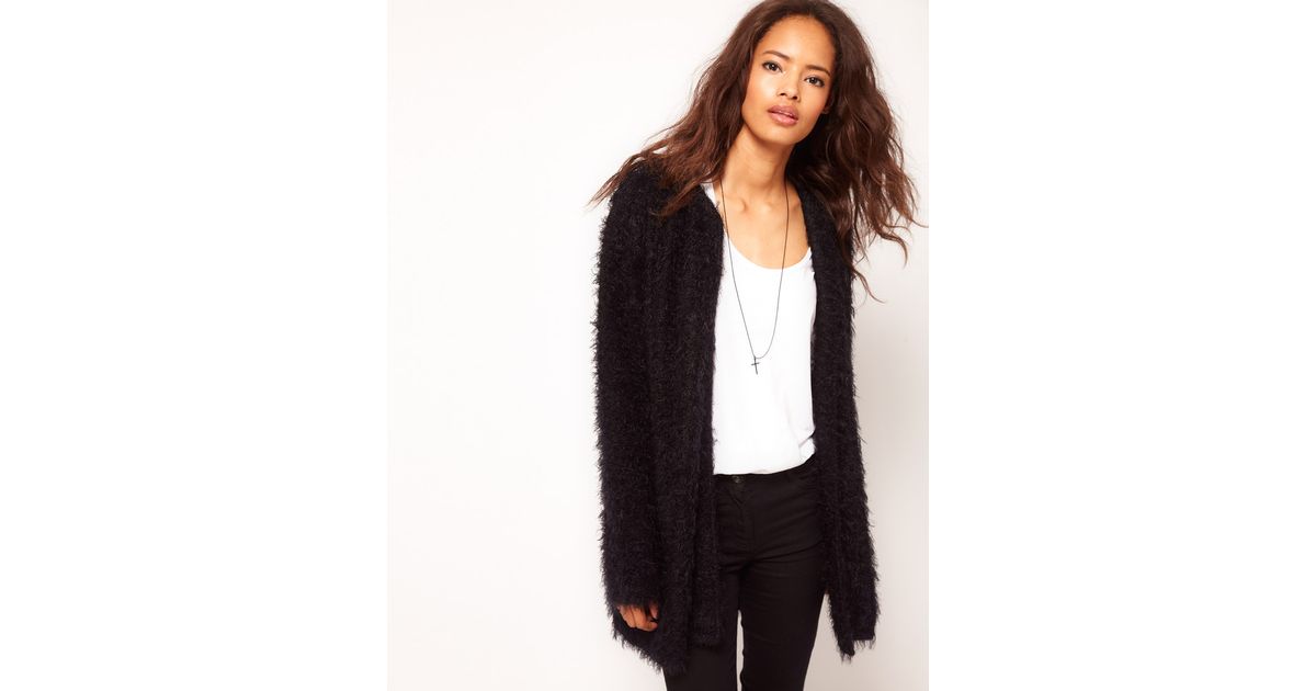 ASOS Cardigan in Fluffy Texture in Black Lyst
