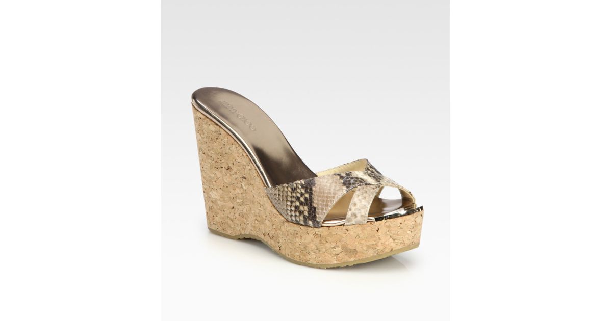 Jimmy Choo Perfume Snakeprint Leather Cork Wedge Sandals in Desert (Metallic) - Lyst