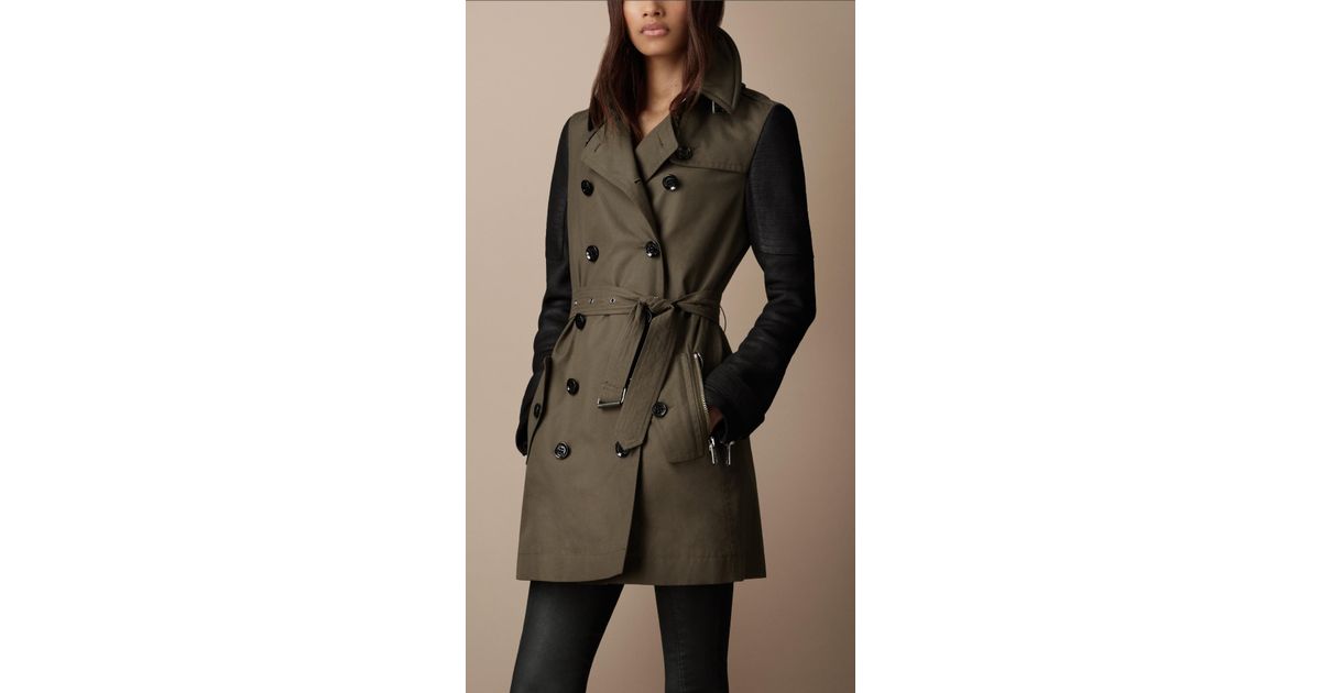 Burberry Brit Short Leather Sleeve Cotton Trench Coat in Dark 