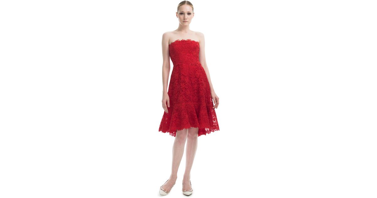 Valentino Strapless Two Pocket Lace Dress in Red | Lyst