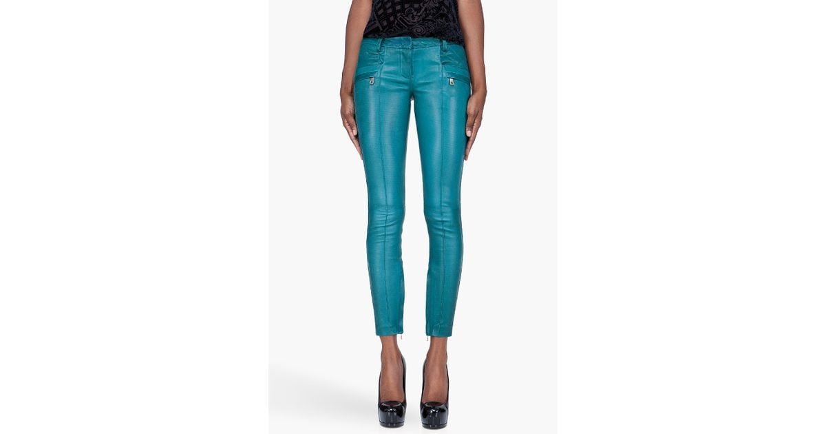 Balmain Teal Quilted Leather Pants in 