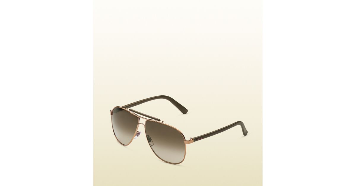 Gucci Aviator Sunglasses with Leather Brow Bar and Temples with Gucci Logo  in Metallic for Men | Lyst