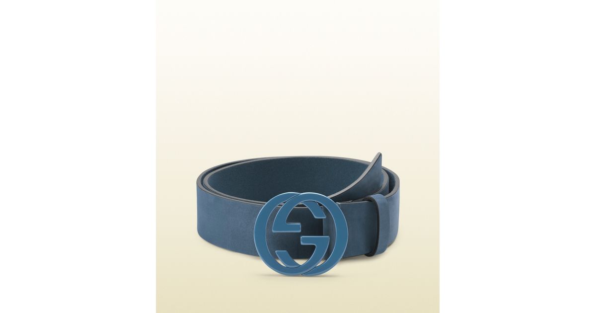 Gucci Sky Blue Leather Belt with Interlocking G Buckle for Men