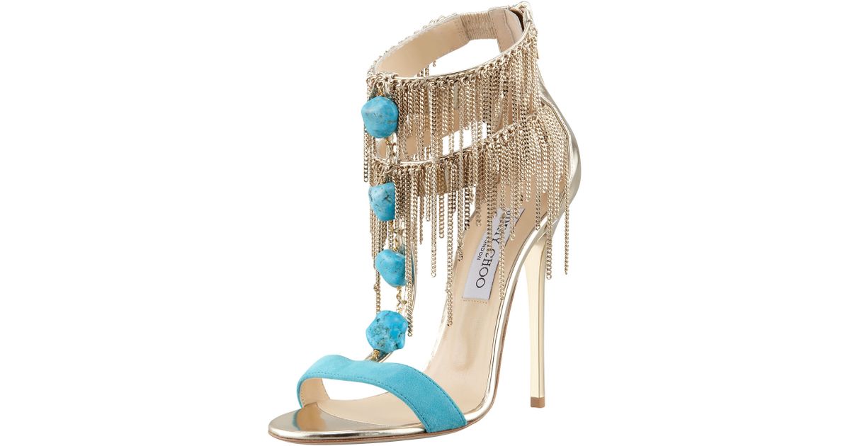 Jimmy Choo Belle Chainfringe Tstrap Sandal in Blue - Lyst