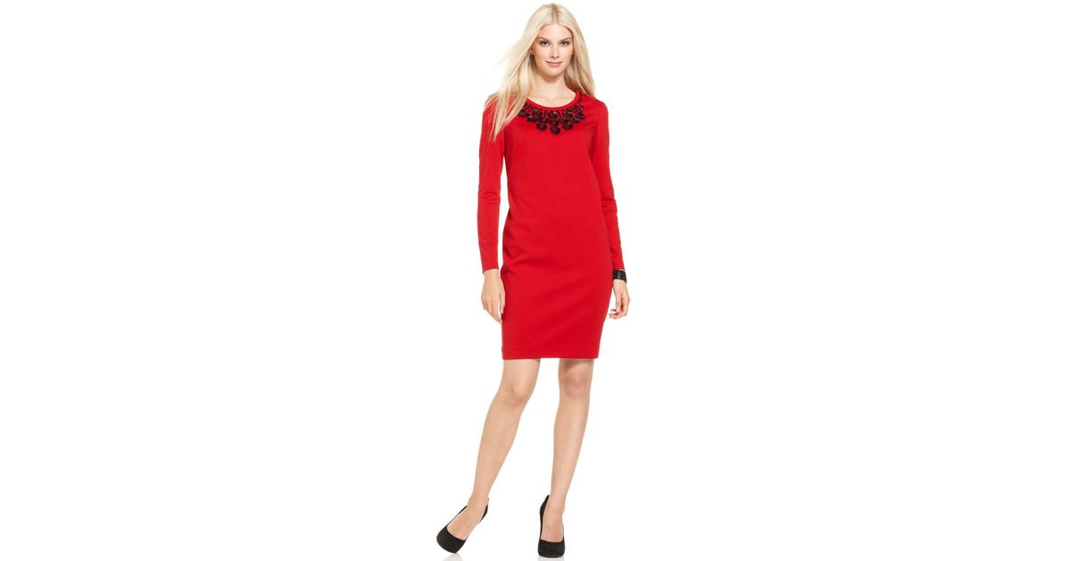 Lyst - Jones new york Long Sleeve Beaded Shift Dress in Red