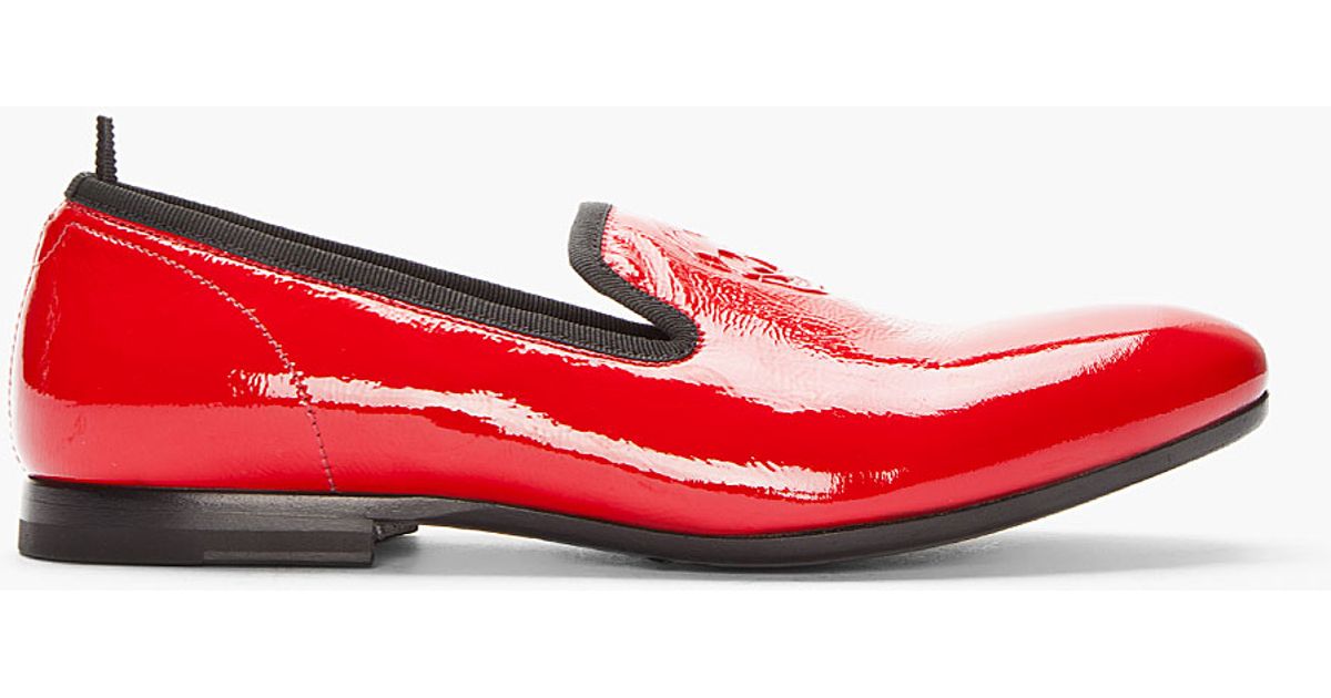 red patent leather loafers