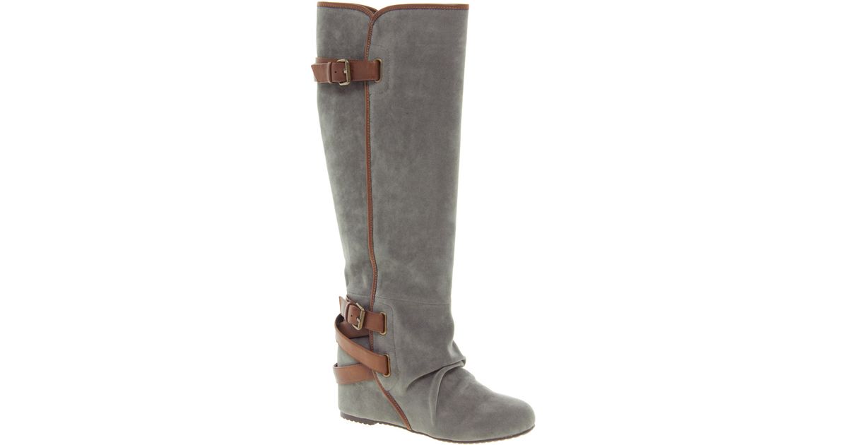 grey leather wedge boots