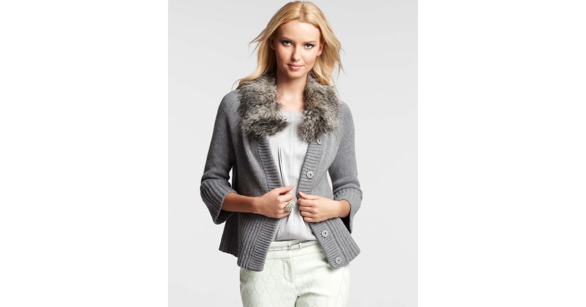 grey cardigan with fur collar
