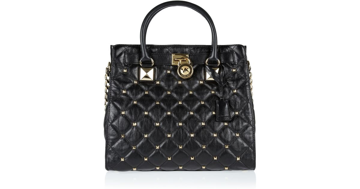 MICHAEL Michael Kors Hamilton Studded Quilted Leather Tote in Black | Lyst