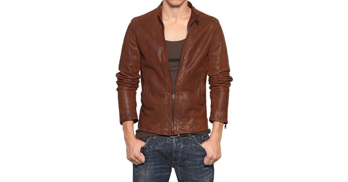 Dolce Gabbana Brown Perforated Leather Biker Jacket For Men