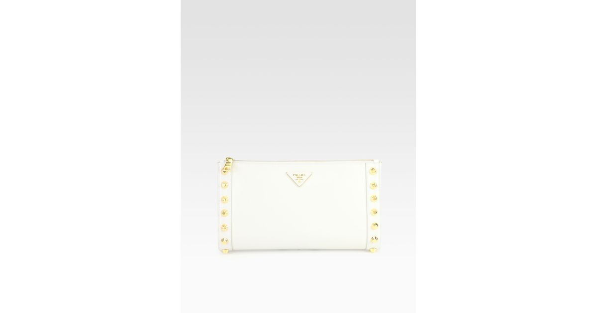 Prada Saffiano Vernice Studded Clutch in White | Lyst