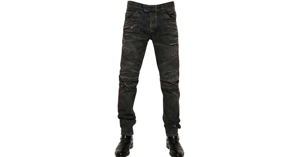 Balmain Ripped Washed Denim Biker Jeans in Black for Men | Lyst