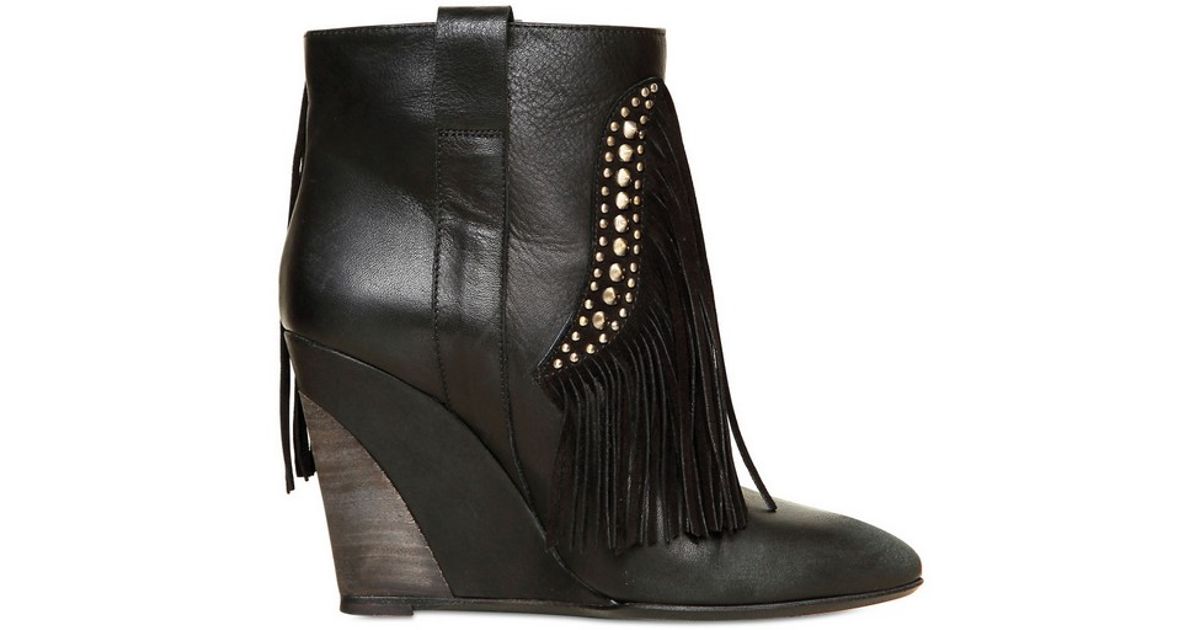 Strategia Leather and Suede Fringe Wedge Boots in Black Lyst