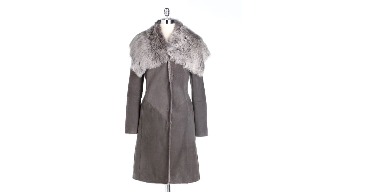 Badgley Mischka Wingcollar Shearling Lamb Fur Coat in Grey (Gray) - Lyst