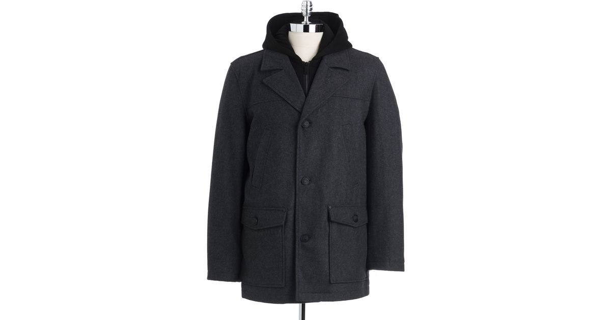Lyst - Guess Hooded Wool Pea Coat in Gray for Men