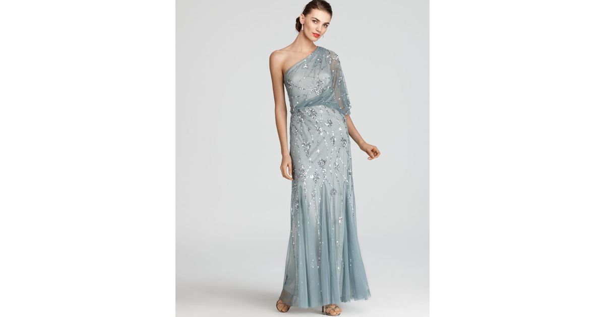 adrianna papell one shoulder sequin gown