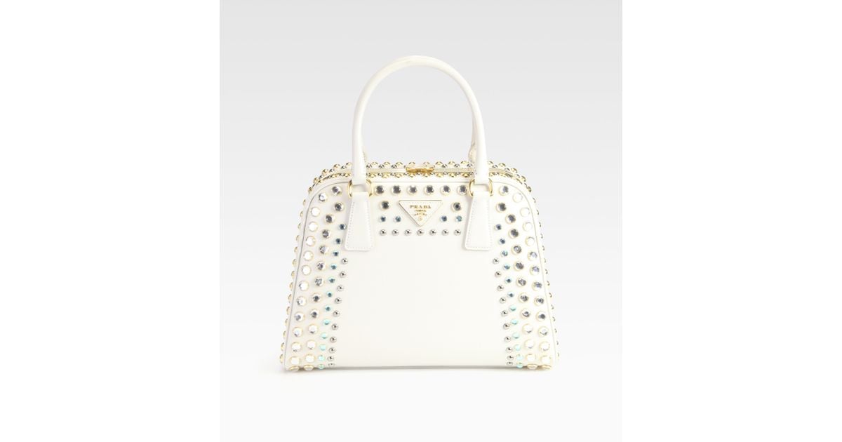 Prada Saffiano Vernice Embellished Frame Pyramid Top Handle Bag in ...