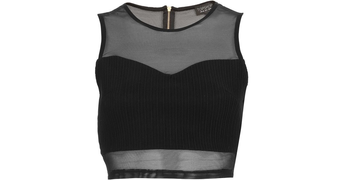 TOPSHOP Rib Panel Mesh Crop Top in Black - Lyst