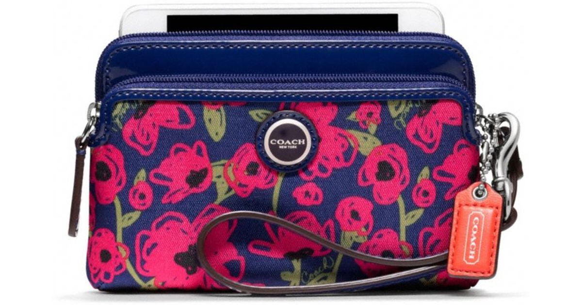 COACH Poppy Flower Print Double Zip Wristlet in Blue Lyst