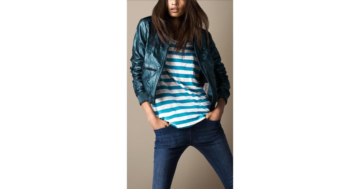 Burberry Brit Metallic Leather Bomber Jacket in Blue | Lyst