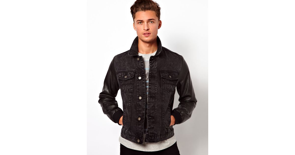 Fred Perry Asos Denim Jacket With Faux Leather Sleeves In Black Fred Perry Asos Denim Jacket With Faux