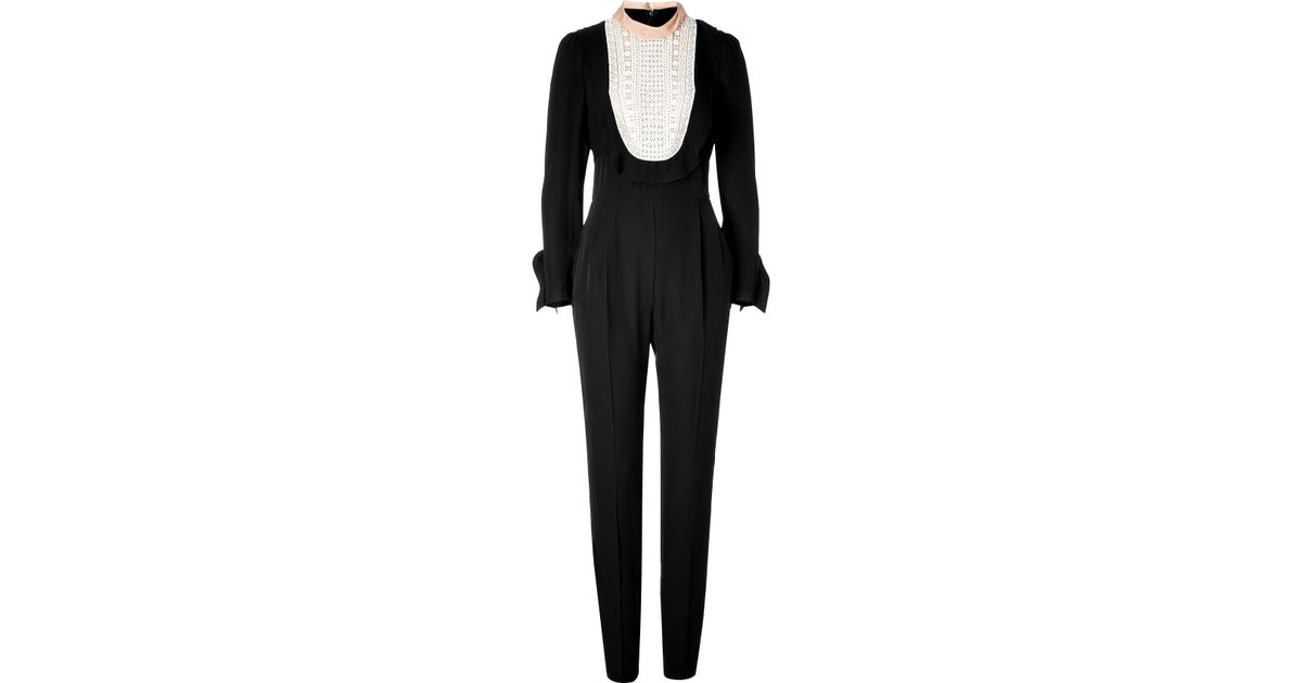 Lyst - Valentino Black Embroidered Silk Jumpsuit in Black