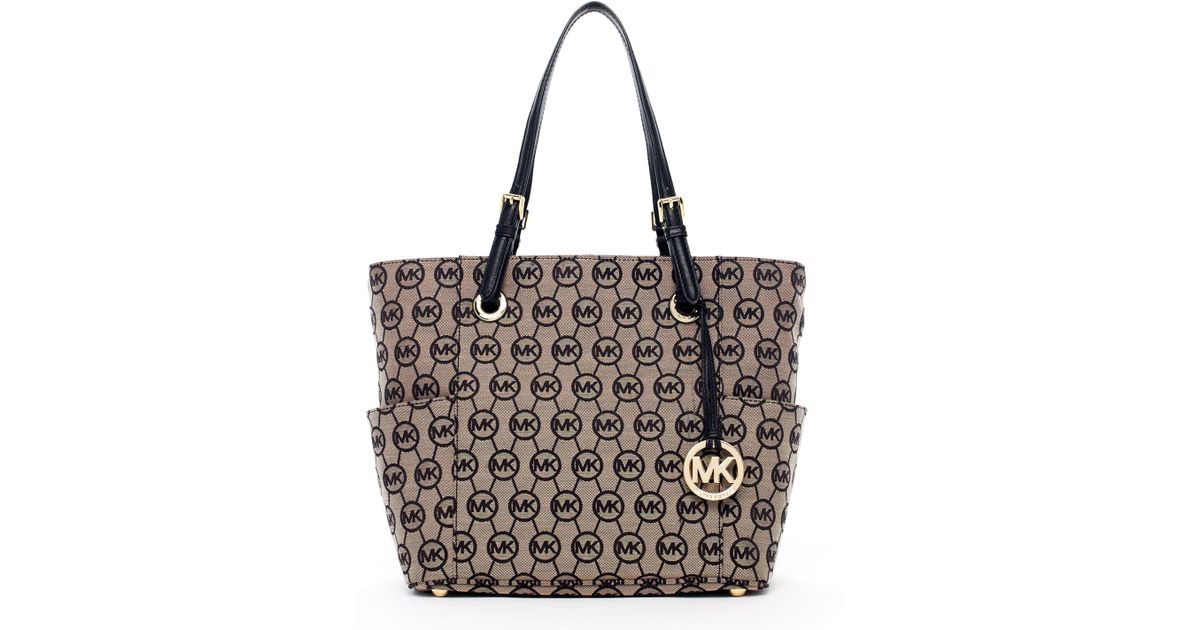 Lyst Michael Kors Jet Set Monogram Signature Tote Lyst Michael Kors Jet Set Monogram Signature Tote Beigeblack In Natural