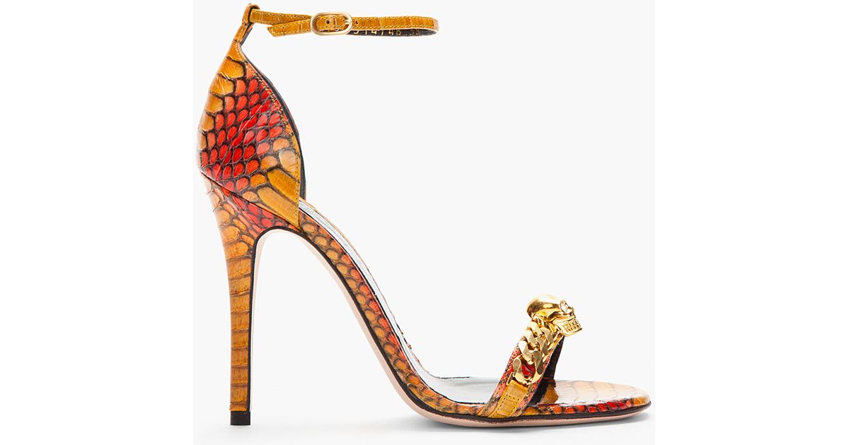 Alexander McQueen Burnt Yellow Red Cobraskin Heeled Sandals - Lyst