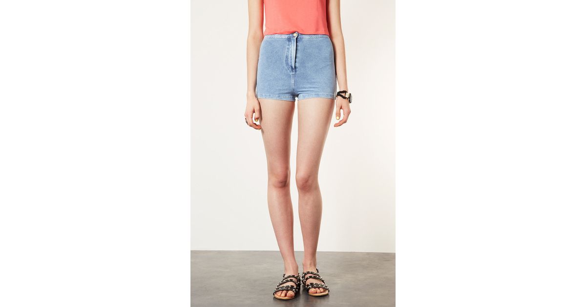 TOPSHOP Denim Look High Waist Shorts in Blue - Lyst