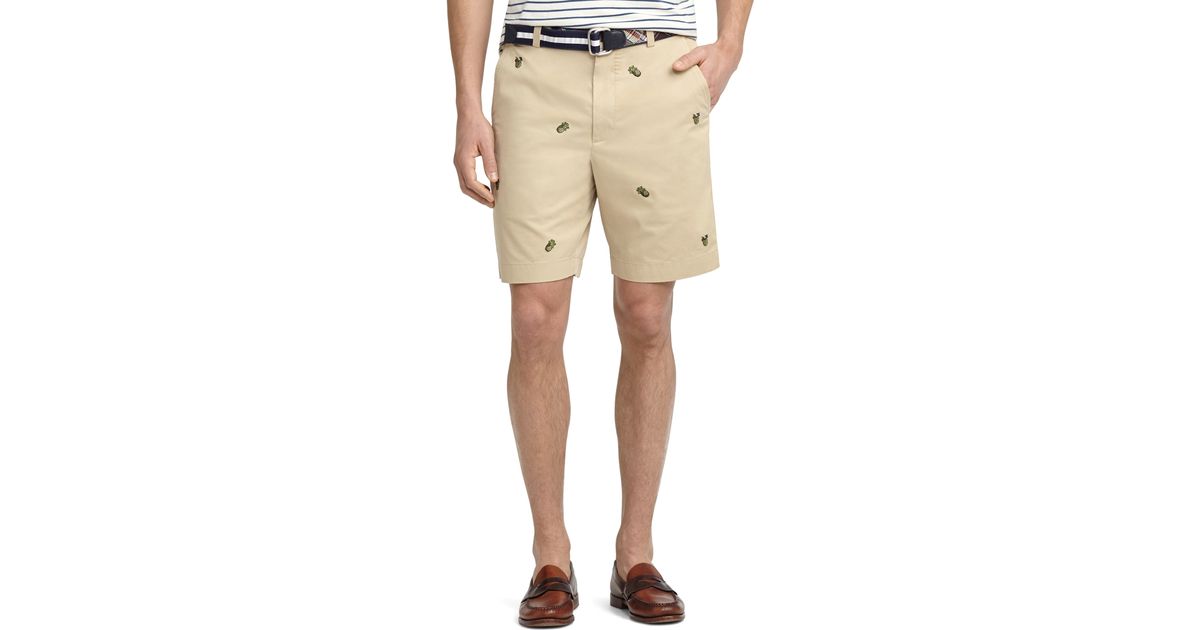 Brooks Brothers Plainfront Pineapple Embroidered Shorts in Khaki