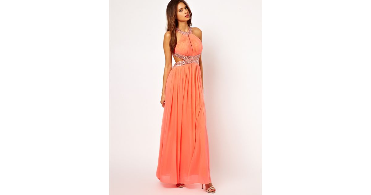 pink chiffon high neck embellished maxi dress