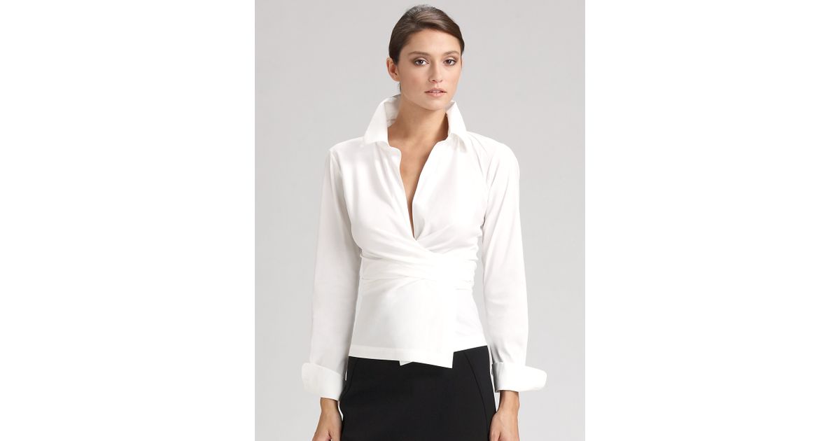 Donna Karan Stretch Cotton Wrap Shirt in White | Lyst