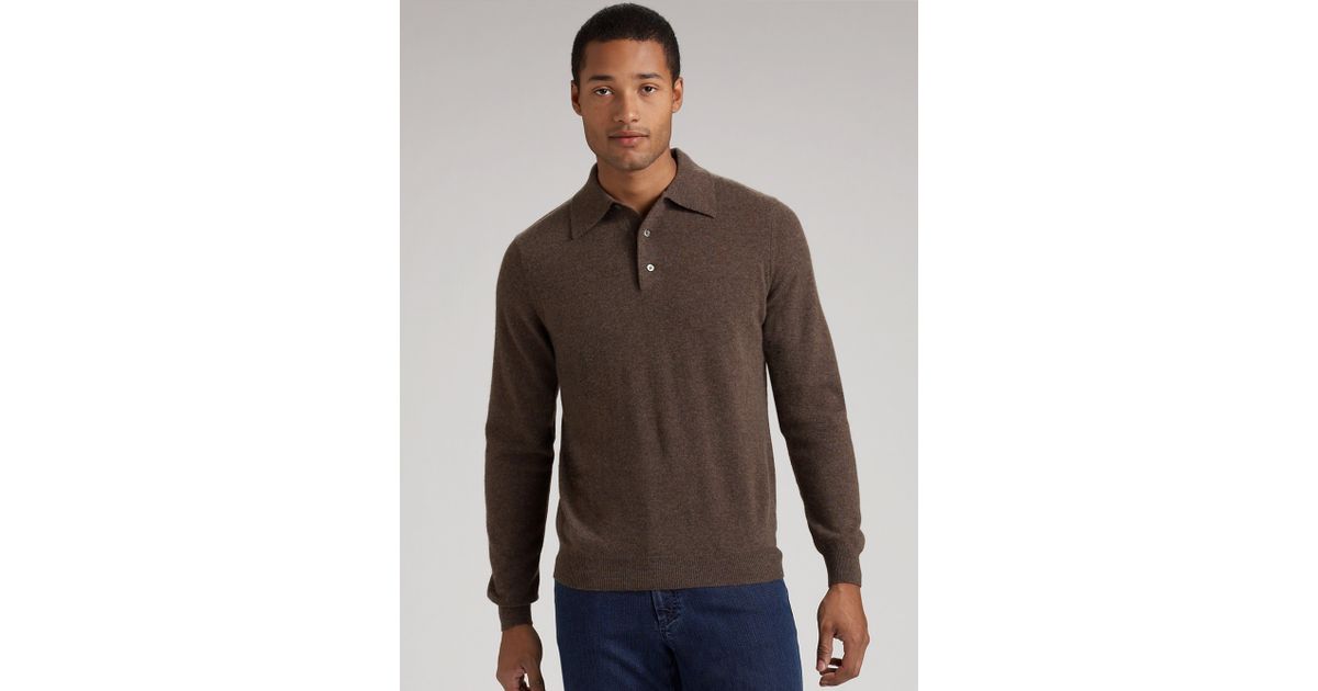 Saks Fifth Avenue Cashmere Polo Sweater in Brown for Men Lyst