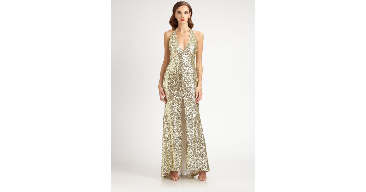 badgley mischka gold sequin gown