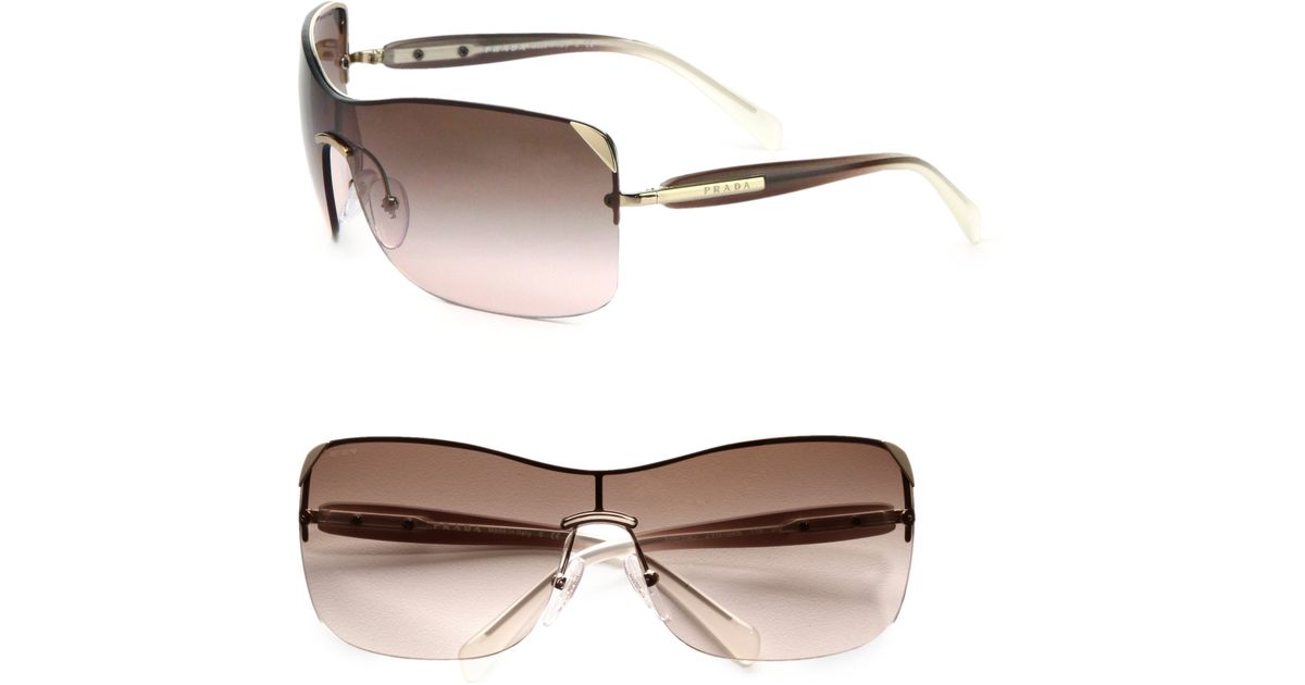 Prada Rectangular Rimless Shield Sunglasses in Brown | Lyst