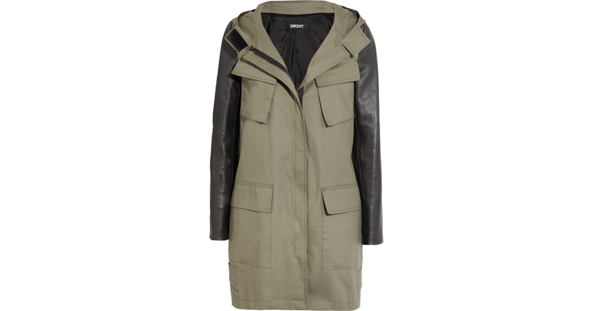 DKNY Leathersleeved Twill Parka in Army (Green) Lyst