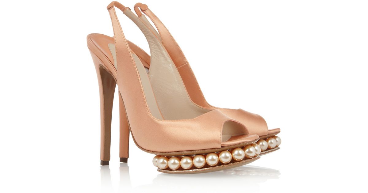 faux pearl & rhinestone decor slingback flats