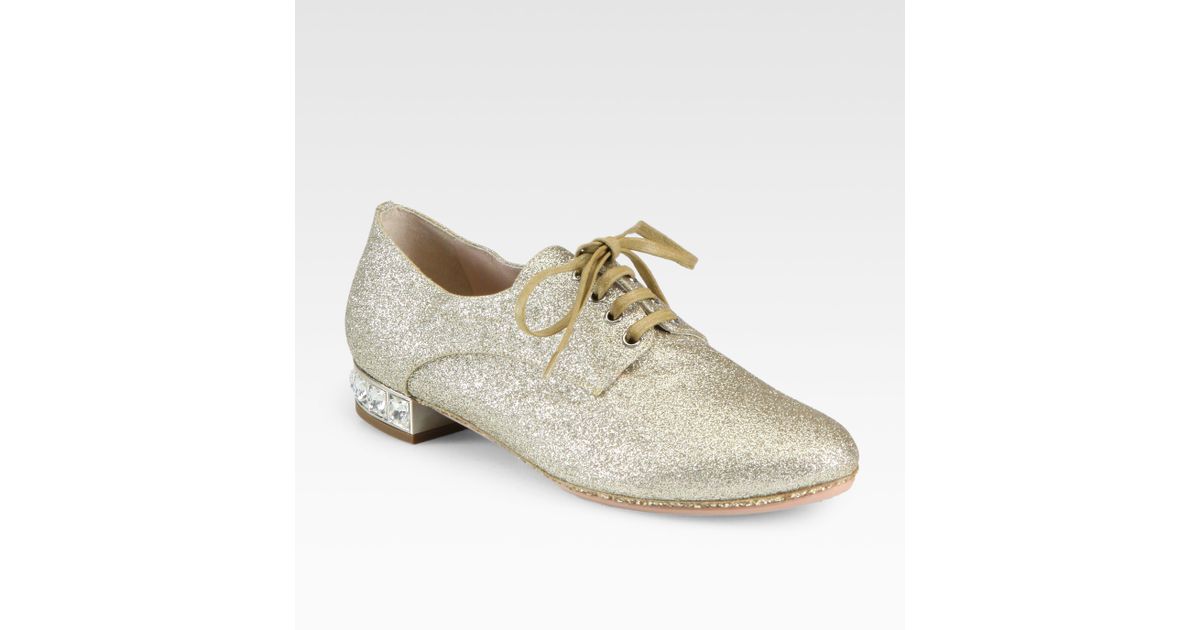 Miu Miu Glitter Jeweled Heel Oxfords in Metallic Lyst