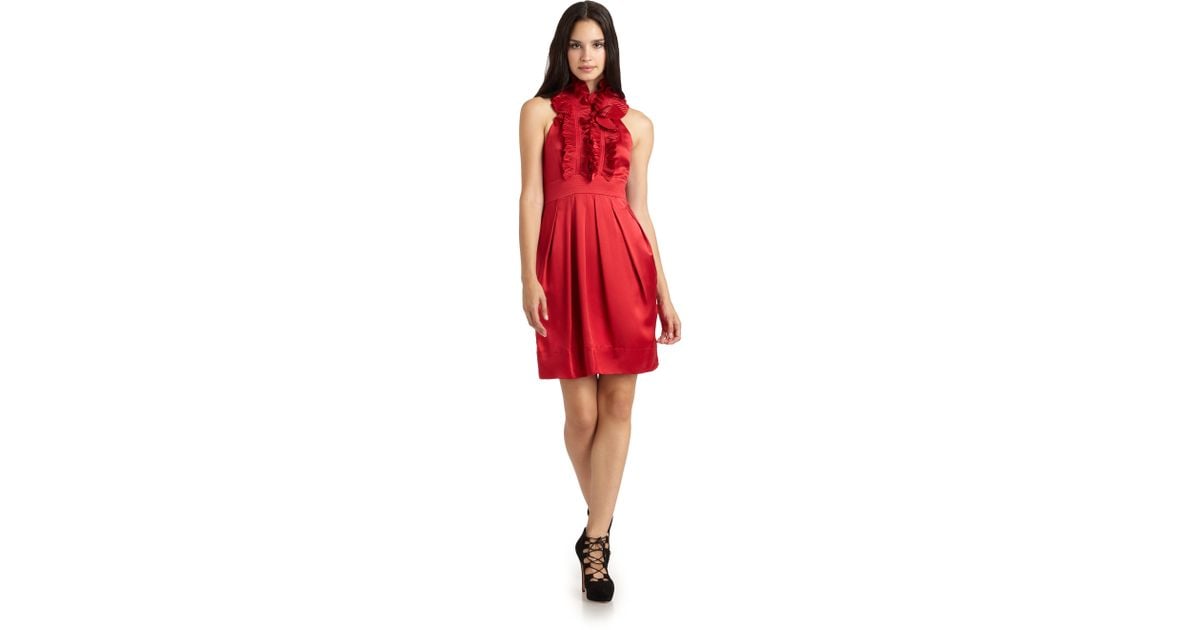 bcbg asymmetrical ruffle halter dress