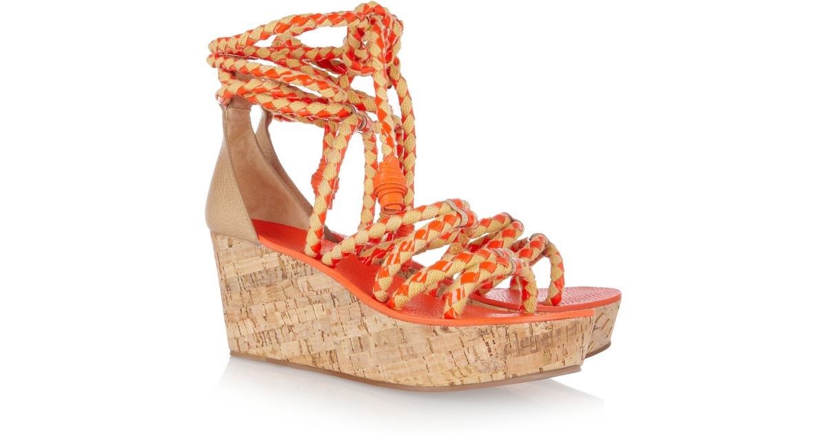 Tory Burch Braided Leather and Cork Wedge Sandals in Bright Orange ...