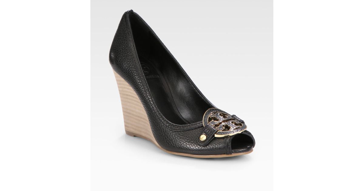 Tory Burch Amanda Leather Logo Peep Toe Wedge Pumps in Black | Lyst Tory Burch Amanda Leather Logo Peep Toe Wedge Pumps in Black | Lyst