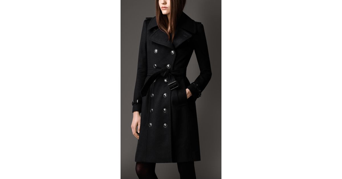 Burberry Long Wool Cashmere Regimental Trench Coat in Black | Lyst